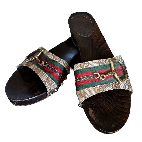 Monogram Natural Pigskin Web Horsebit Clog Slide Sandals 10 Beige Ebony Cocoa - Picture 1 of 12